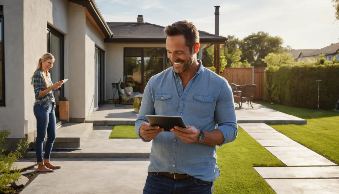 A homeowner reviewing patio plans with a local concrete provider